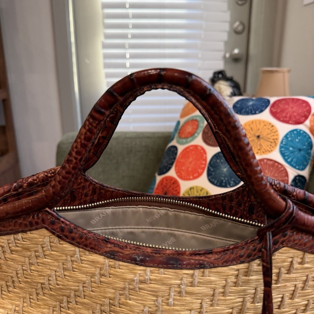 Brahmin Straw Raffia & Melbourne Embossed Leather Satchel Tote Brown Croc - Picture 12 of 13